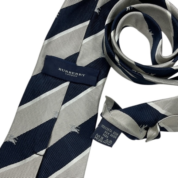 BURBERRY Navy/Gray Striped Monogram Logo Silk LUXURY Tie ITALY - Picture 4 of 5